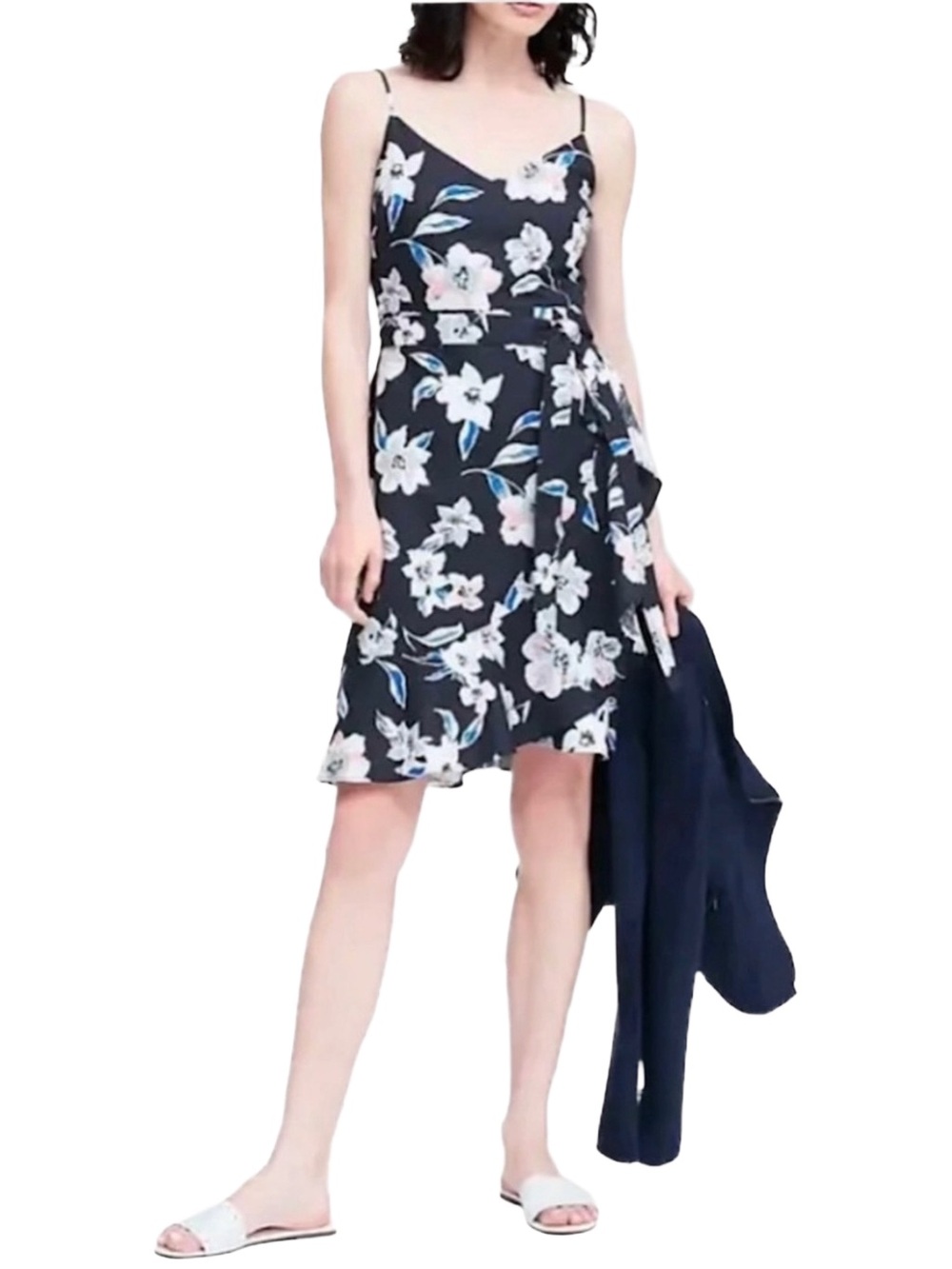 Banana Republic Linen Cotton Ruffle Wrap Dress Navy Floral